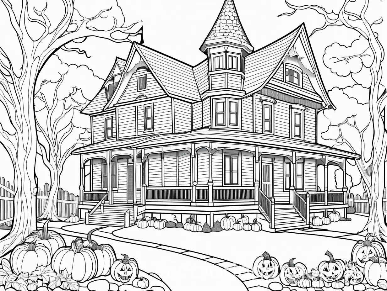 Halloween-Coloring-Page-with-Black-Cats-and-Haunted-House