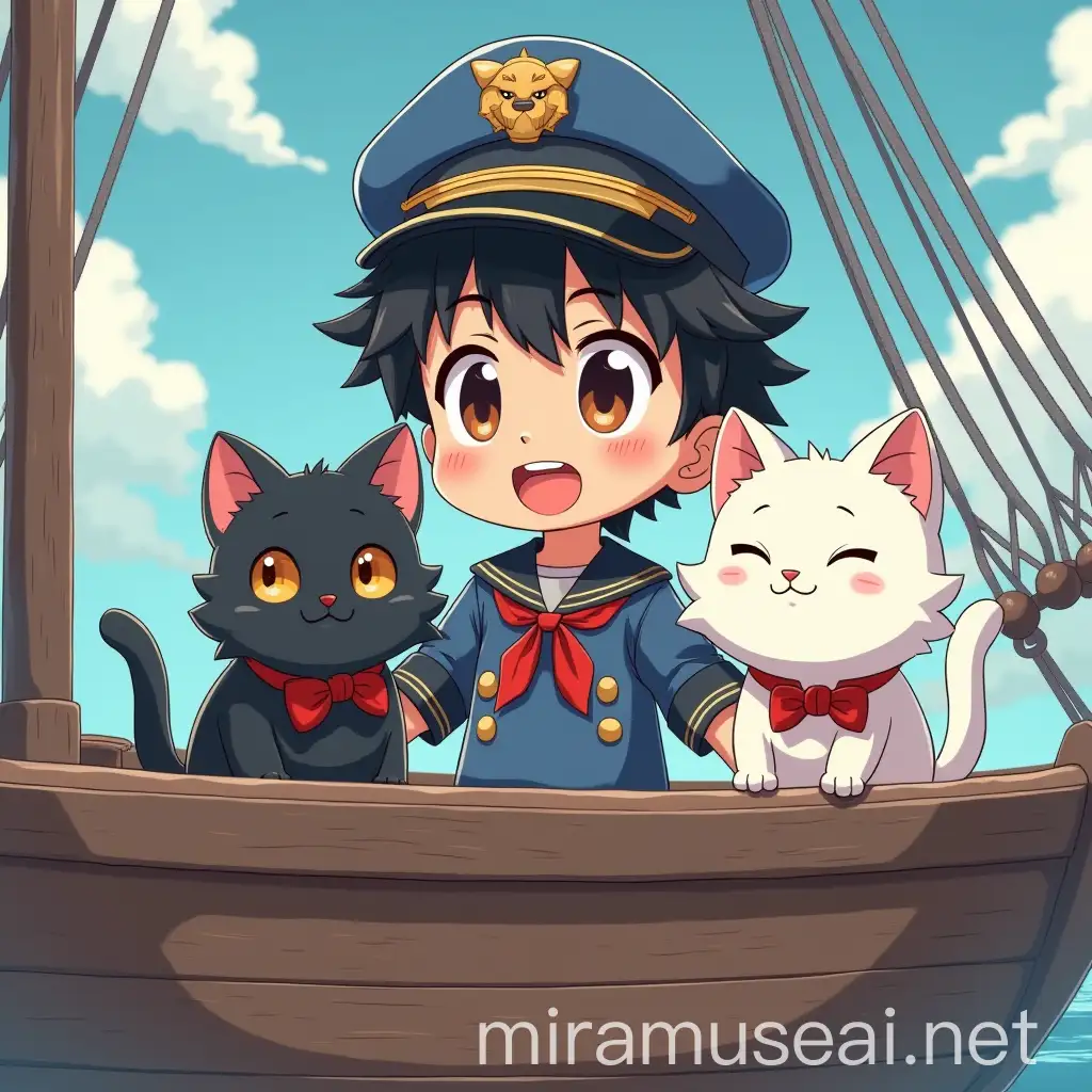 Anime Boy Captain and Cat Sailors on High Seas Adventure