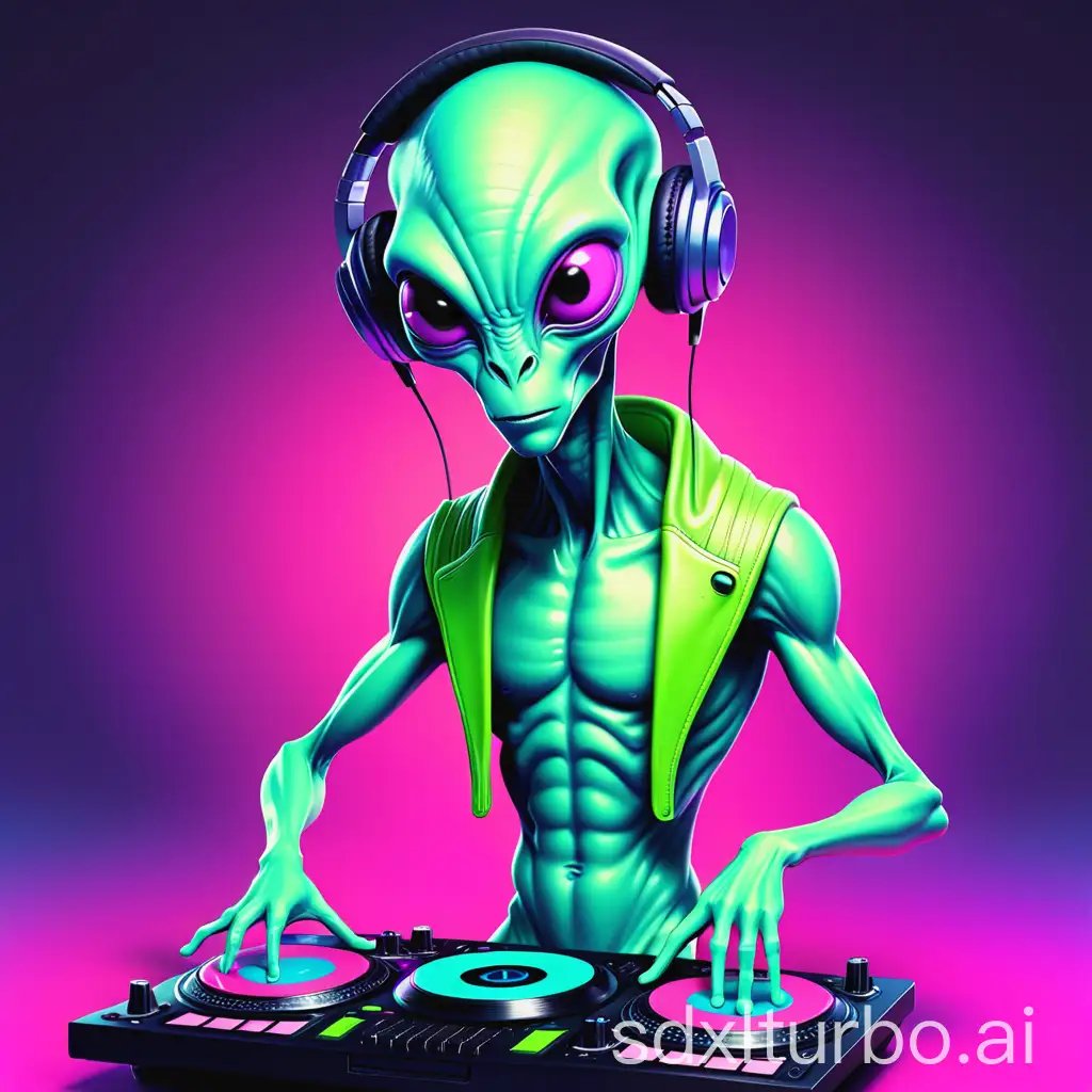 Cartoonish-DJ-Alien-with-Playful-Expression-and-Colorful-Outfit