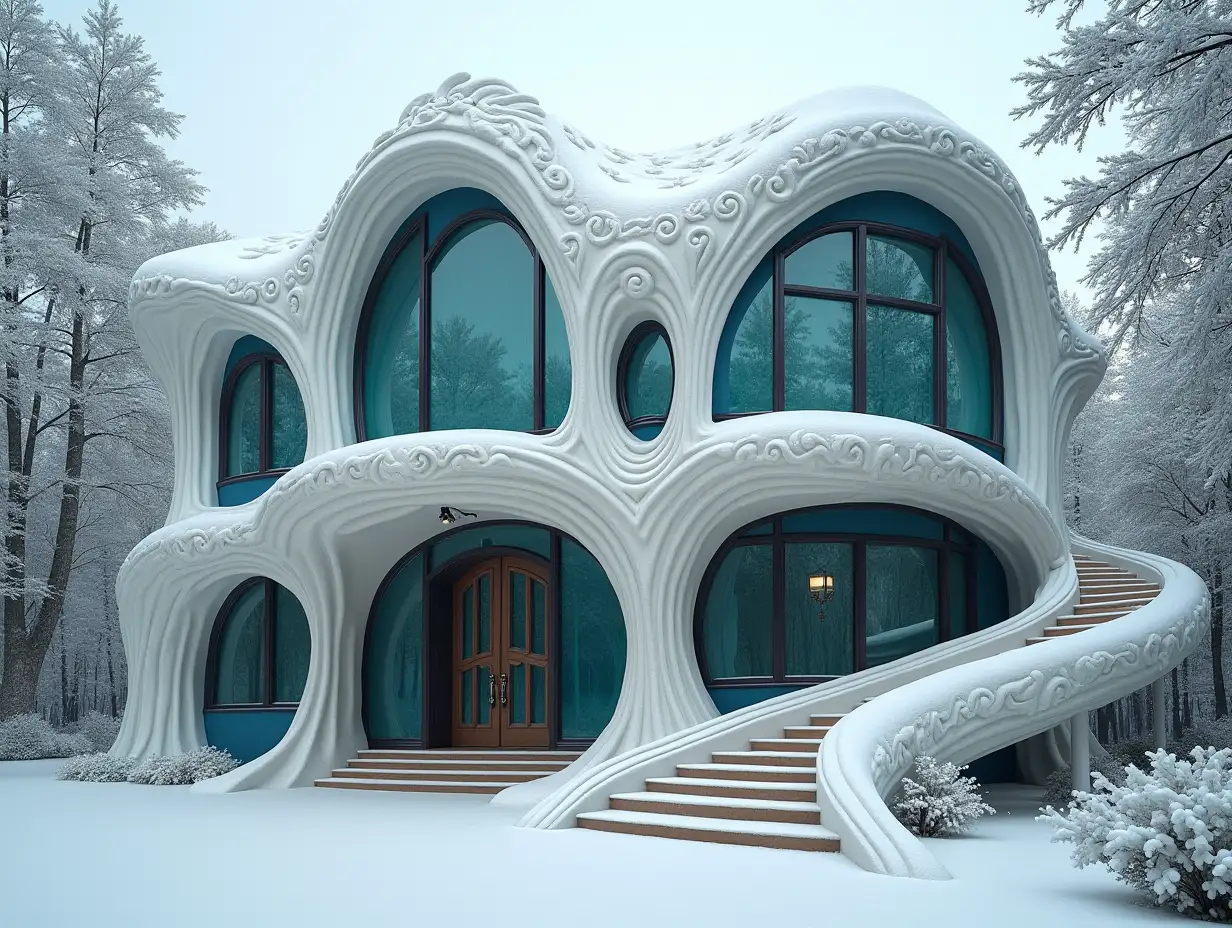 Two-story, biomorphic, curved house in white and blue tones in the Jugendstil style, with stucco in the form of plant ornaments, large windows with blue-green stained glass on the theme of knights, curved, smooth window shapes, winding grand entrance staircase, complex curved roof, Jugendstil