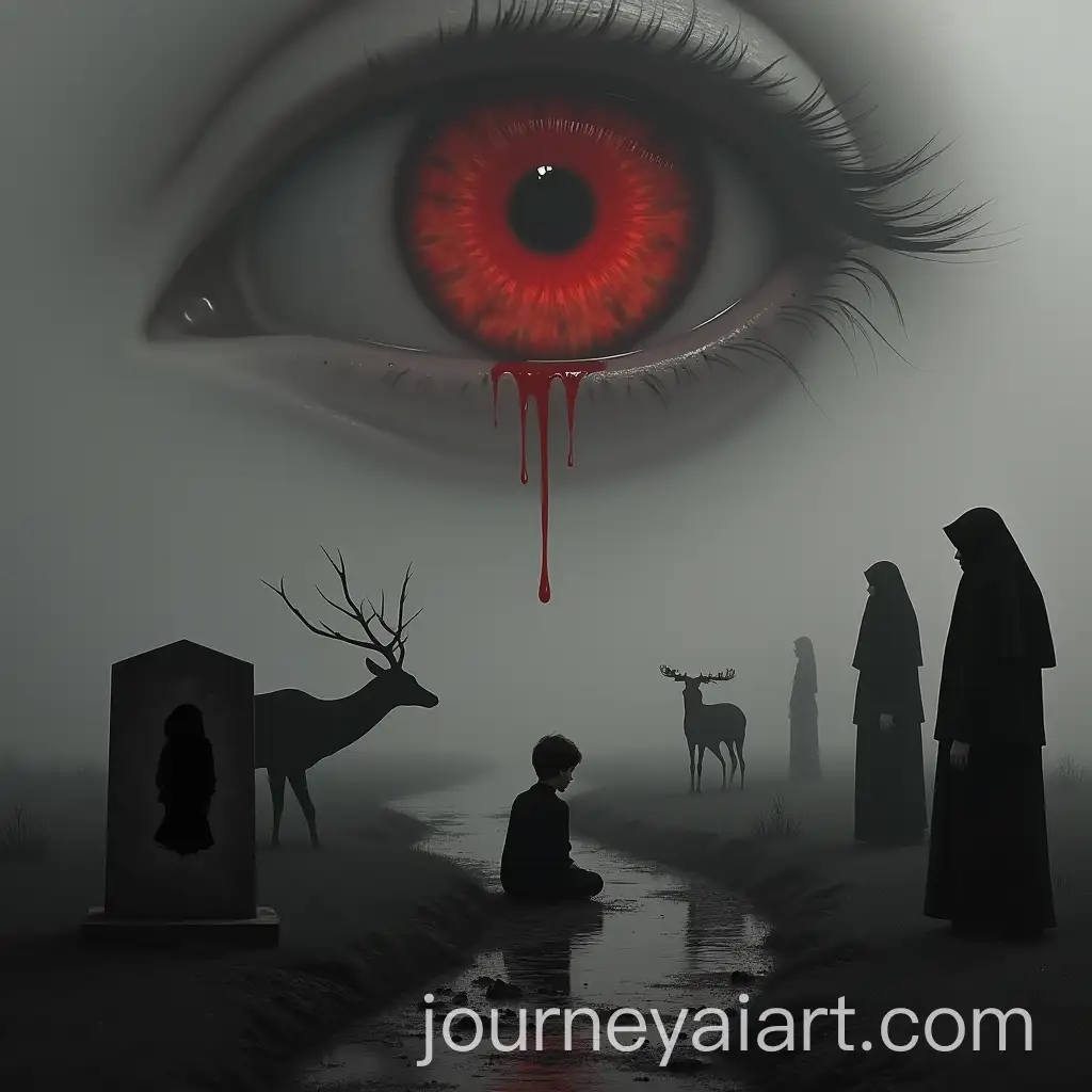 Surreal-Black-and-White-Horror-Scene-with-Mourning-Figures-and-a-BloodRed-Eye