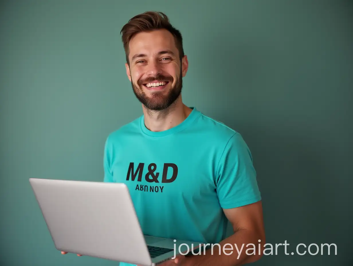 Smiling-Man-in-Turquoise-Polo-Shirt-with-MD-Agency-Logo-on-Laptop