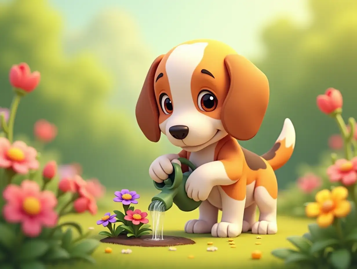 cute beagle is watering flowers in garden, 3D cartoon style