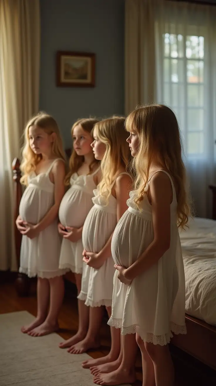 several petite young girls standing in a Victorian nursery waiting next to their beds for a kiss goodnight. each girl has long blond hair and is wearing a short thin cotton nightgown covering a pregnant belly.