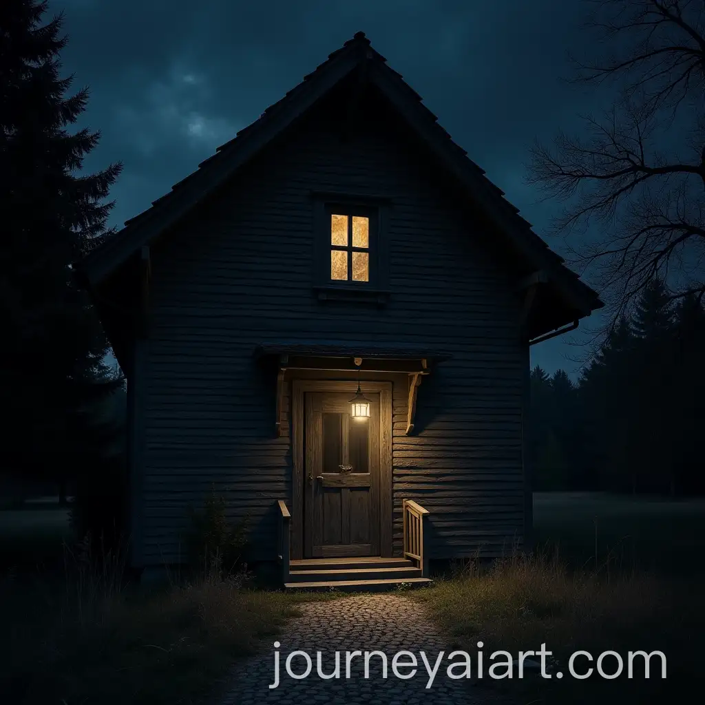 Old-Villa-at-Night-with-Girl-Opening-Door-by-Wooden-Bridge-and-Trees