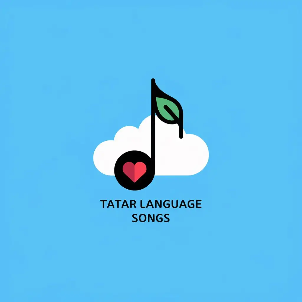 LOGO Design for Tatar Language Songs Minimalistic Vector with Black Note Green Leaf and Red Heart Against Blue Summer Sky