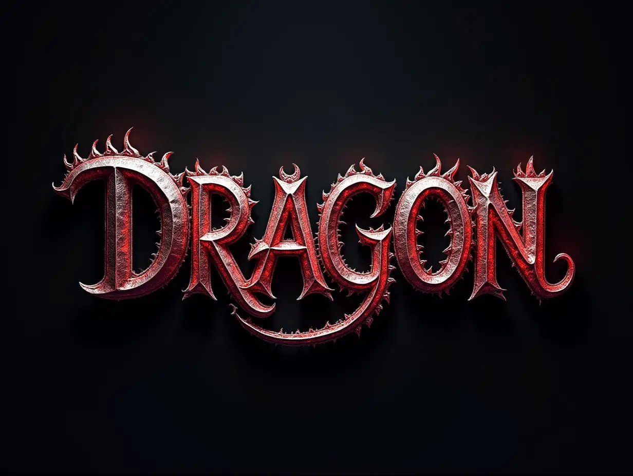 realistic color draw letters, spelling DRAGON, curved, animated glowing, dark with red and silver elements, front view