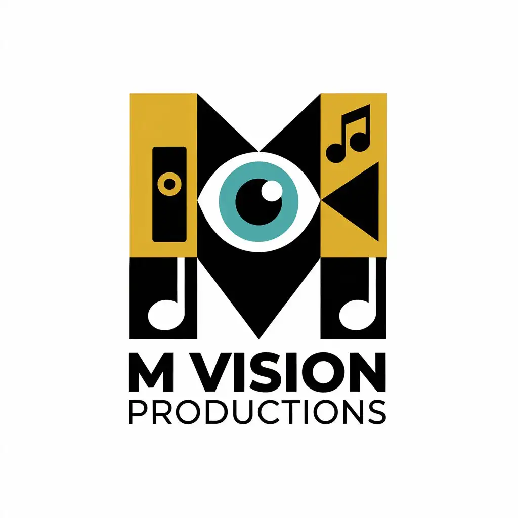 a vector logo design,with the text "M VISION PRODUCTIONS", main symbol:An eye, a camera, music,Moderate,be used in COMMUNICATION, DIVERTISSEMENT industry,clear background