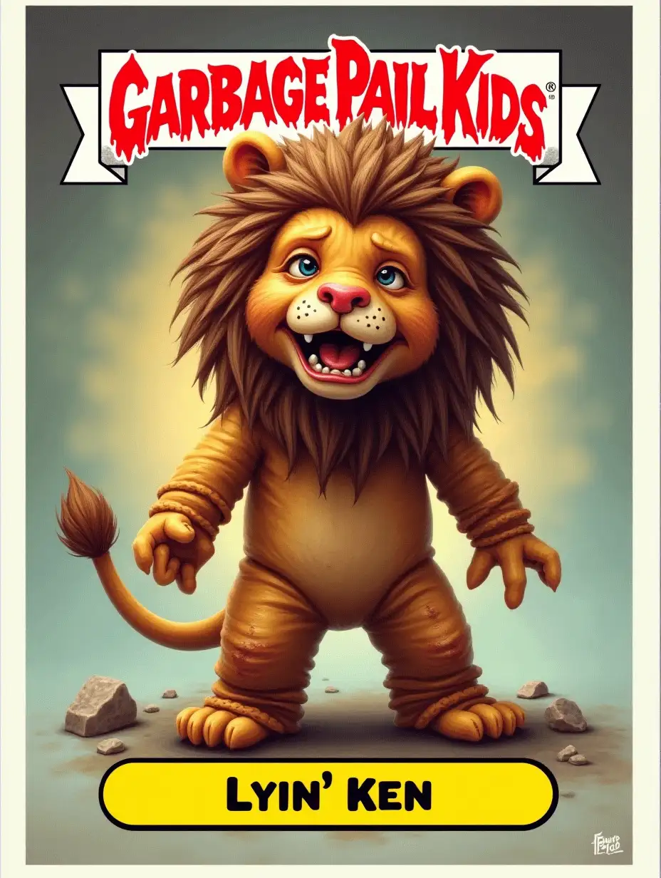 kid dressed as a dirty lion, Garbage Pail Kids trading card, Text on bottom: Lyin' Ken