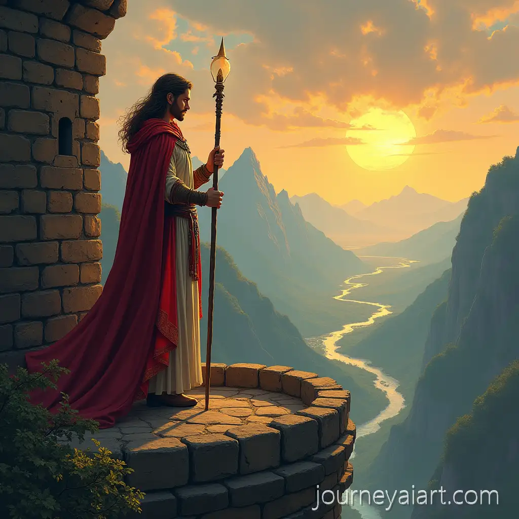 Medieval-Lord-with-Wand-and-GlMedieval-Lord-with-Globeowing-Globe-on-Castle-Balcony