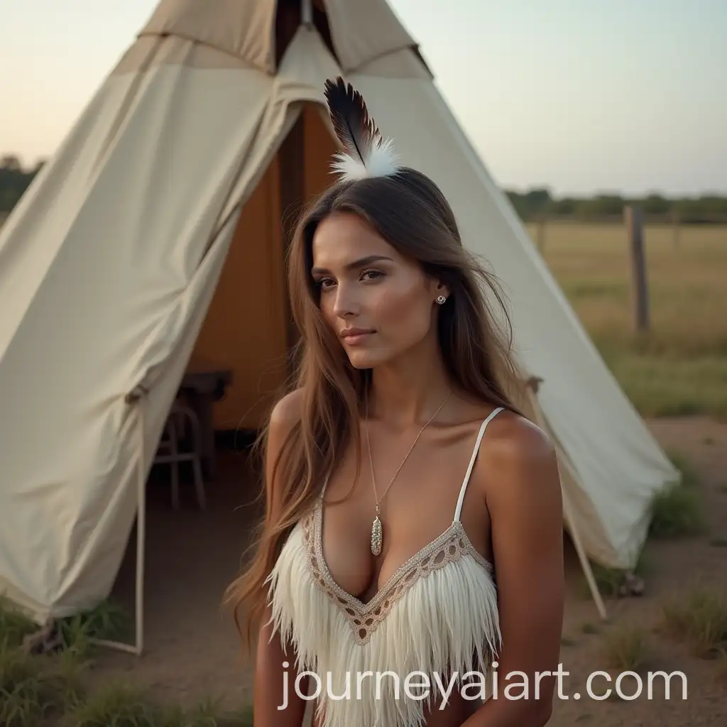 Native-American-Woman-Cooking-in-Front-of-Tipi-with-Eagle-Feather-Headpiece