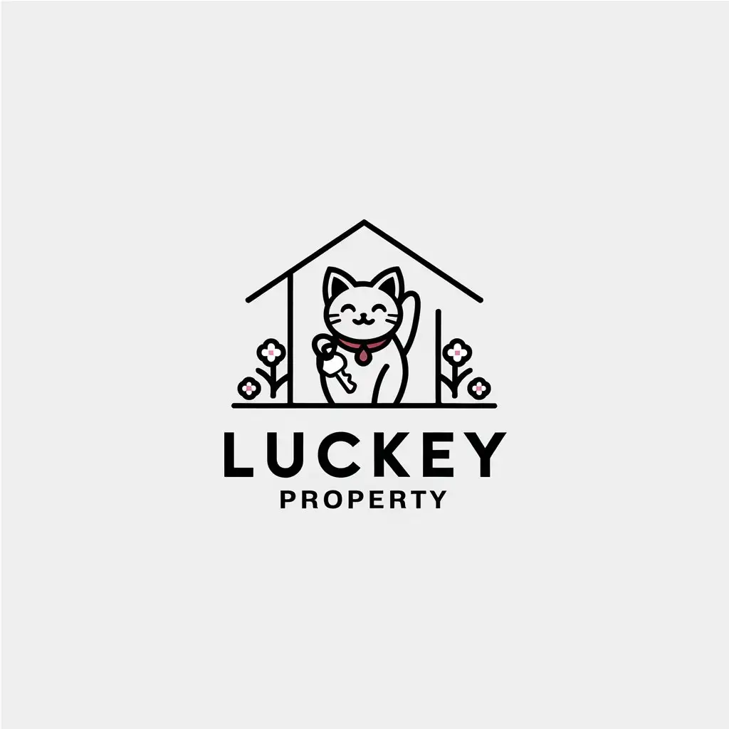 LOGO Design for LucKey Property Minimalistic ManekiNeko Cat with Keys House Parking Spot and Flowers