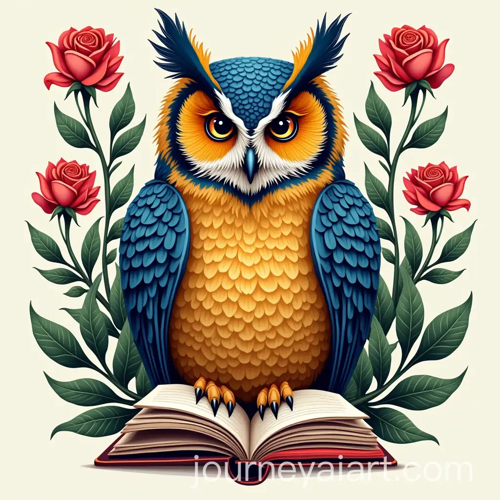 Owl-Reading-Book-in-Pakistani-Truck-Art-Style-with-Floral-Accents