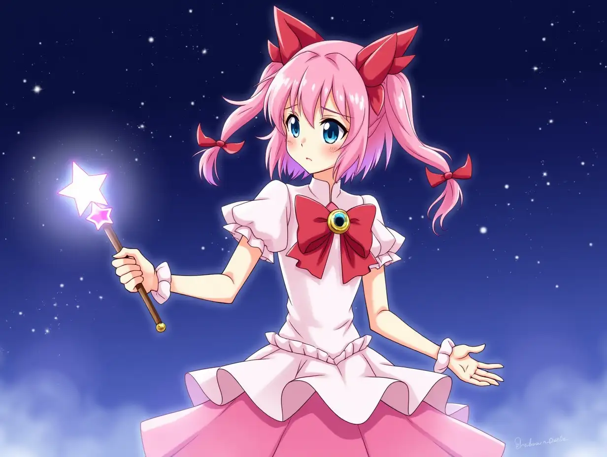 Magical girl Madoka, Madoka is wearing her classic magical girl costume, holding a magic wand, with a dreamy night sky and twinkling stars in the background. Determined but a little sad.