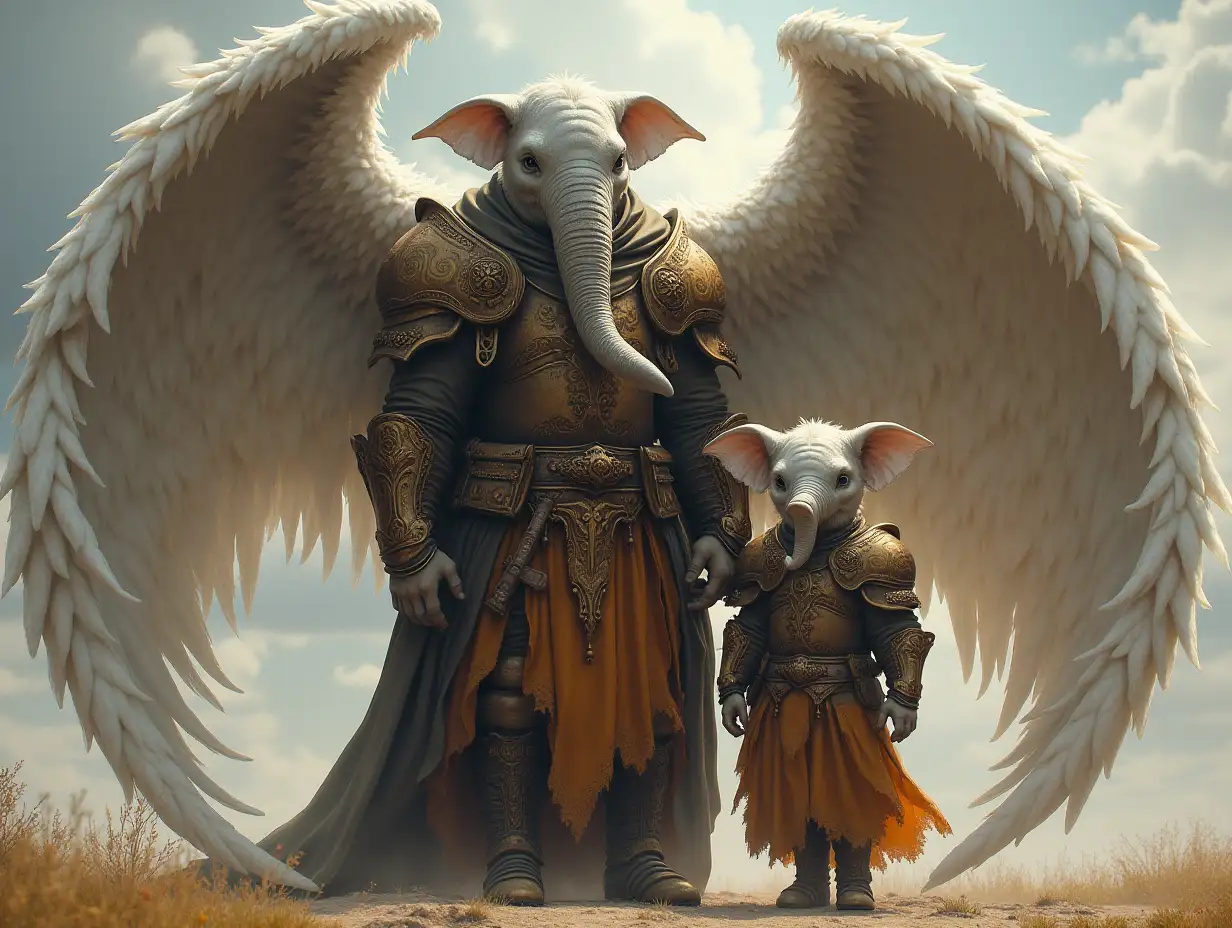 Ki-Fantasy family,Man with angel wings and children giant elephant face with and angel wing armor equipment