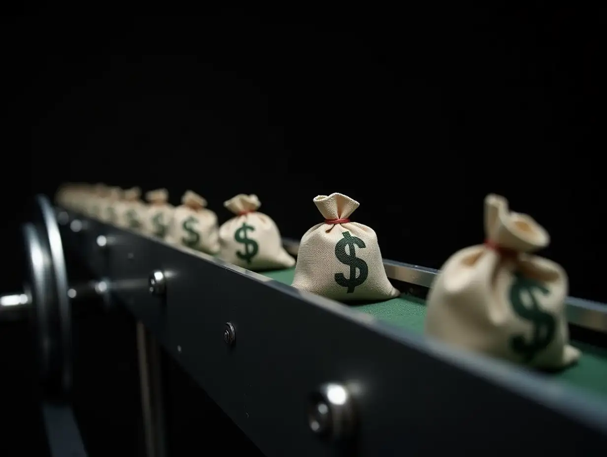 HyperRealistic-Conveyor-Belt-with-Money-Bags-Symbolizing-Financial-Production