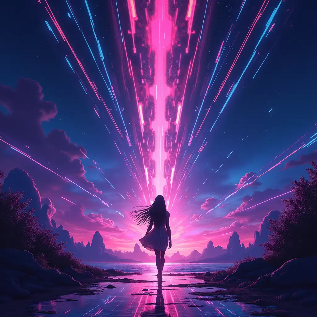 Create a visually striking album cover for a synthwave song featuring a contralto female vocalist. The theme revolves around the search for the meaning of life, capturing the protagonist's journey through doubts and challenges. Illustrate a moment of profound spiritual awakening, where vibrant colors and dynamic shapes symbolize transformation and new perspectives. Incorporate elements that reflect the synth-pop and electronic music genres, such as retro-futuristic landscapes, neon lights, and abstract patterns. The cover should evoke feelings of joy, purpose, and enlightenment, inviting the listener into a world of indie synthwave aesthetics. Use a color palette that combines deep blues, purples, and bright pinks to create an ethereal yet energetic atmosphere.