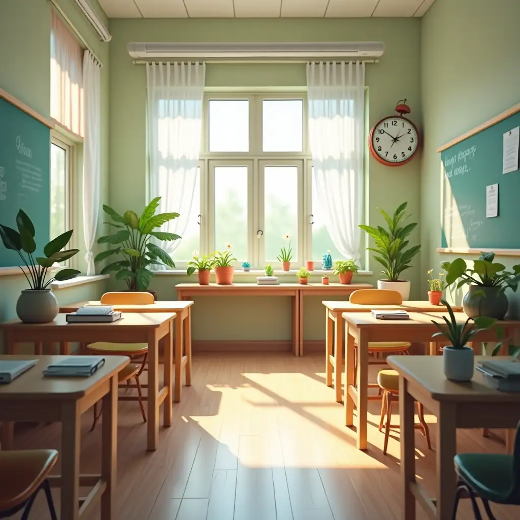 Serene Classroom Setting with Natural Light and Tidy Workspace