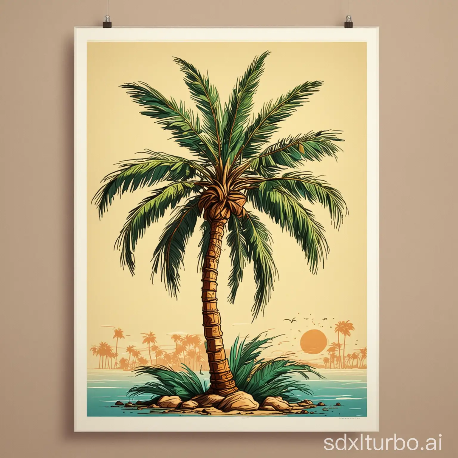cartoon style palmtree, poster, colored drawing