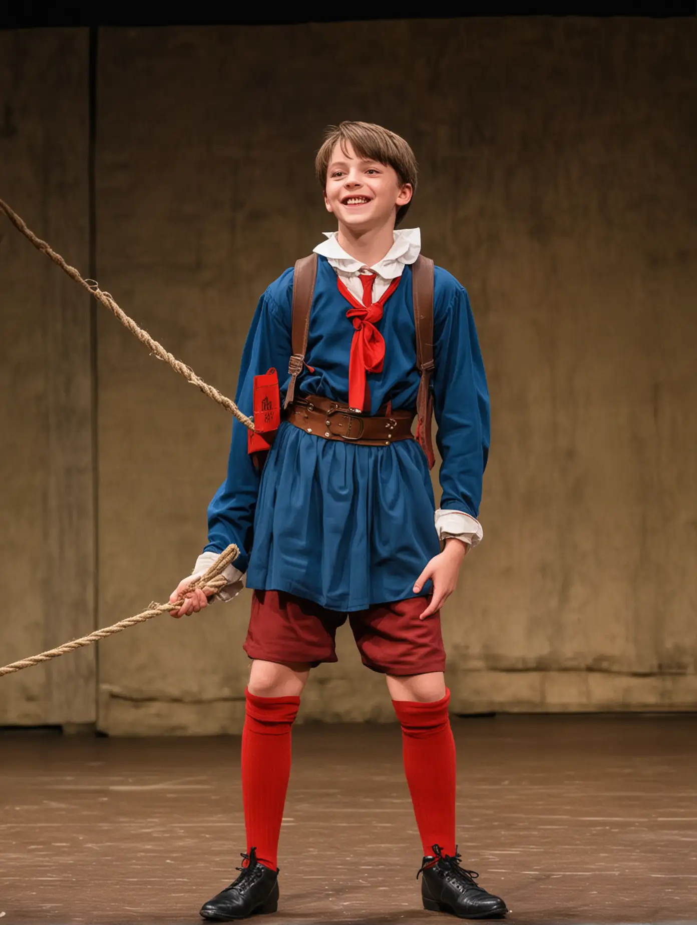 13-year-old boy plays with his classmate in school theater play 'Robbers'. Boy in medieval red knee-high socks, blue blouse, hands behind back, smiling, shoulder-length thin hair. Other boy stands behind him with a rope in hand