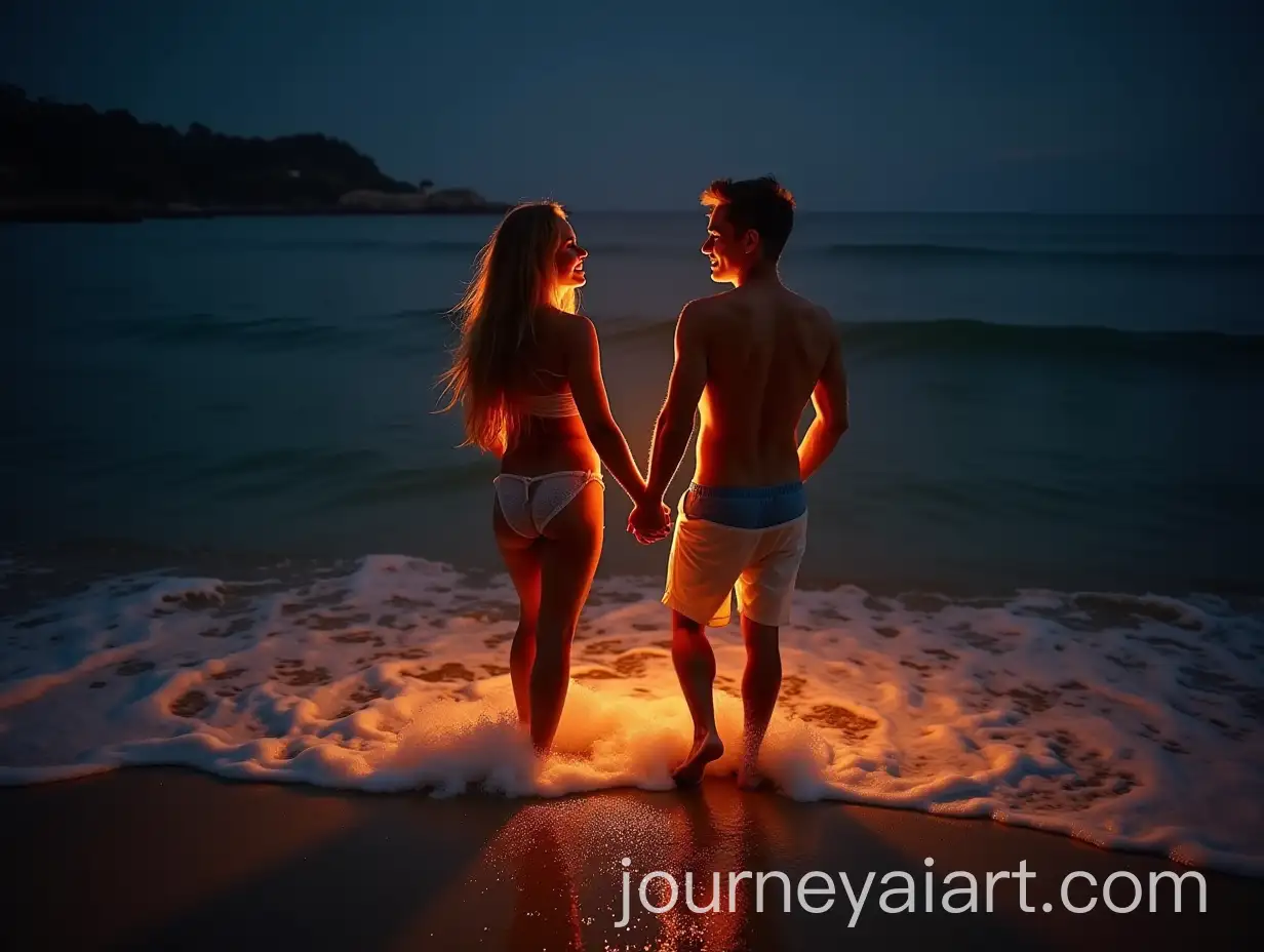 Couple-in-Love-on-the-Shore-of-a-Nighttime-Sea-with-Magical-Light