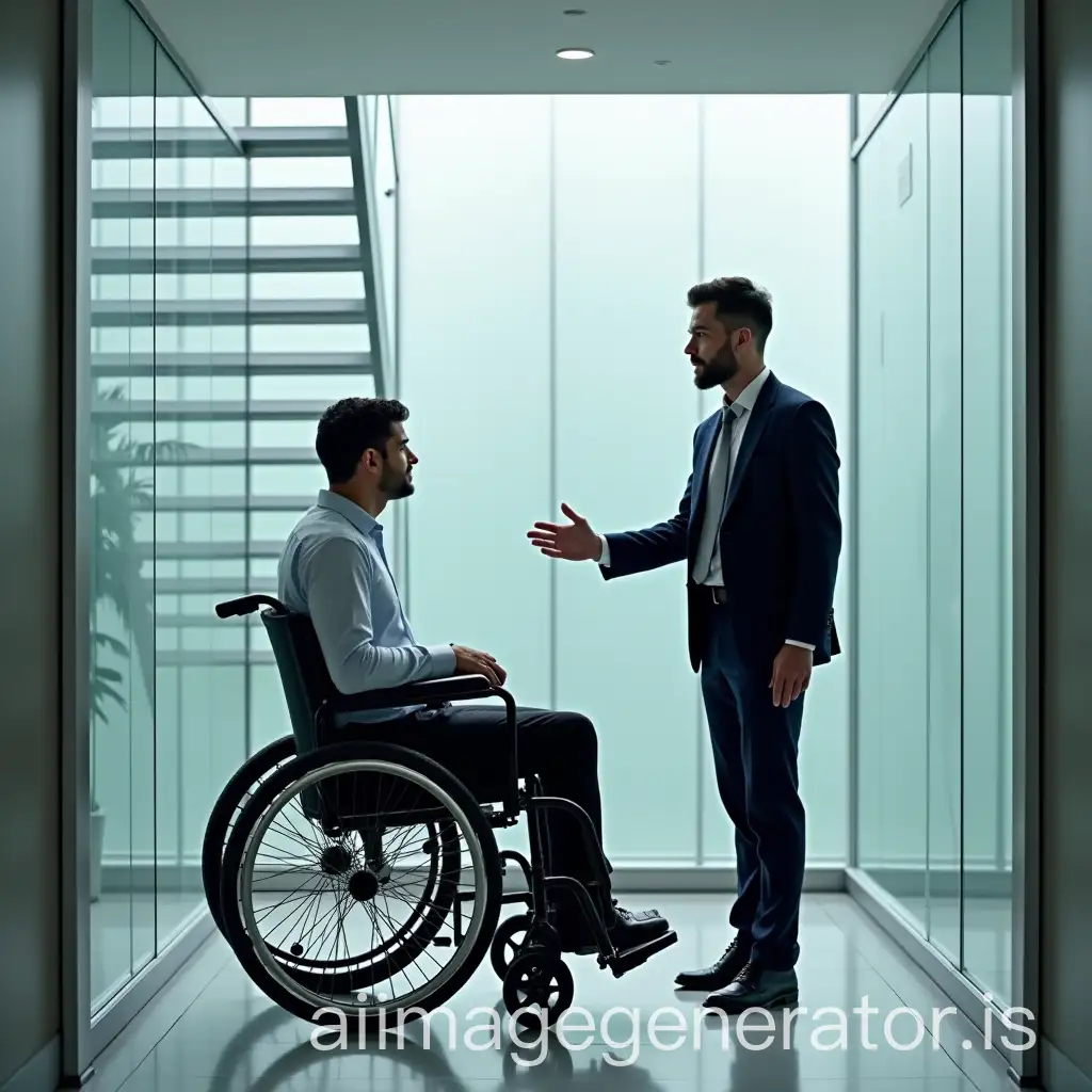 Employee-in-Wheelchair-Blocked-by-Glass-Staircase-Manager-Reaching-Out