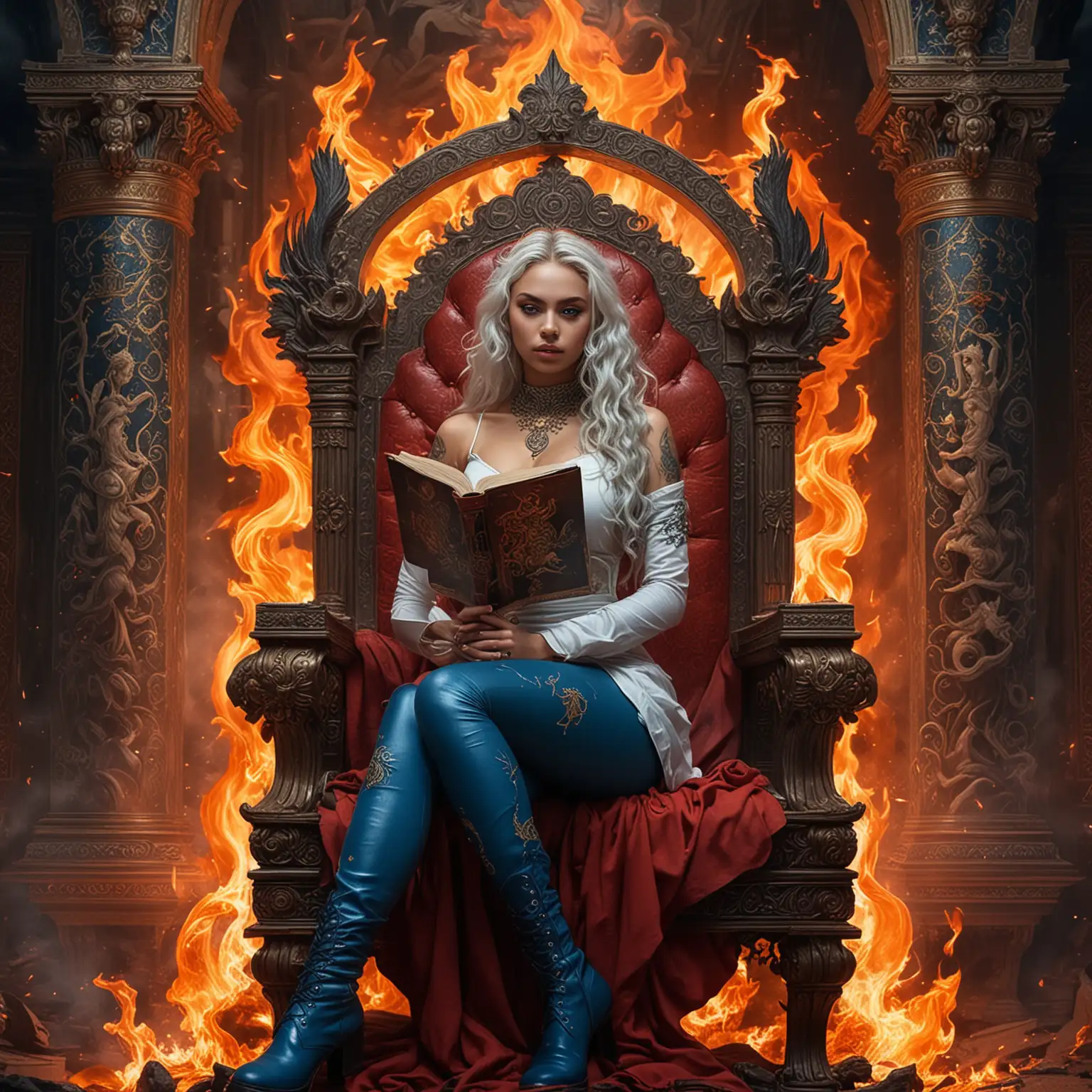 Beautiful Adolescent Goddess Sorceress Surrounded by Fire and Dragons