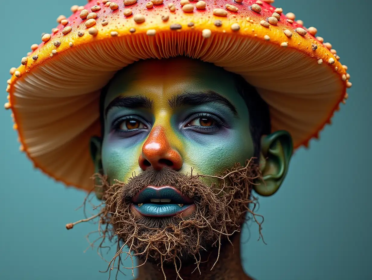 Face with colorful mushroom in mouth roots full body representation
