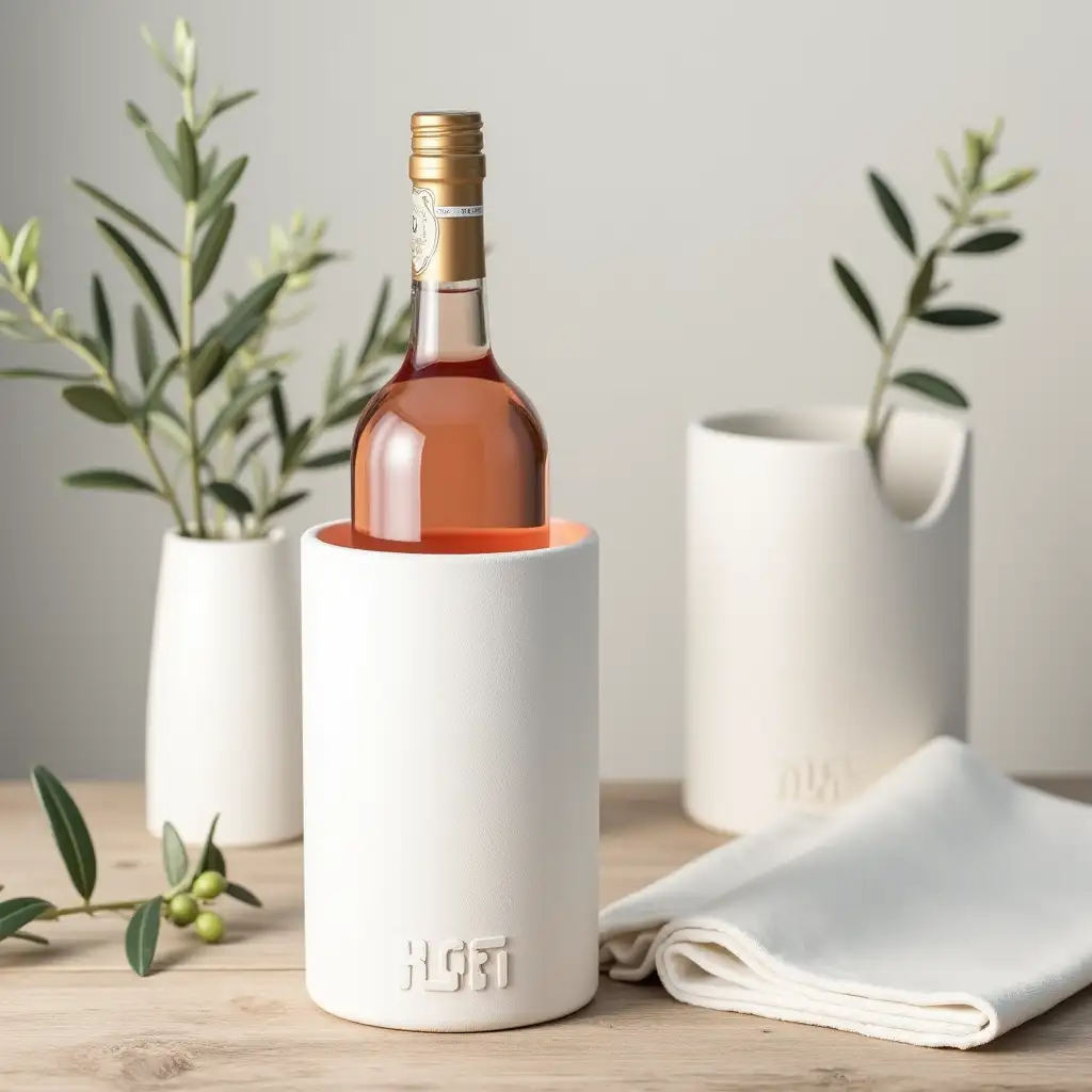 An elegant wine cooler inspired by the whitewashed buildings of Ostuni, designed with a smooth, matte finish that replicates the texture of traditional lime plaster. The cooler has a minimalist cylindrical shape, slightly tapered at the base, echoing the timeless simplicity of the city's architecture. Its surface is an immaculate white, subtly textured to evoke the hand-applied plaster technique used in Ostuni's iconic facades. Inside the cooler, a bottle of rosé wine is nestled, its light pink hue contrasting beautifully with the cooler's stark white exterior. The neck of the bottle is wrapped in a minimalistic label, adding a refined touch to the scene. The cooler's rim is gently rounded for a soft, organic feel, and the base features a discreet carved detail, hinting at the region's artisanal heritage. The setting includes soft, natural lighting reminiscent of the Puglian sun, with subtle shadows playing on the cooler's textured surface. Olive branches and a rustic wooden table in the background enhance the connection to the region's landscape, while the rosé wine adds a pop of delicate color, completing the harmonious and culturally evocative design.