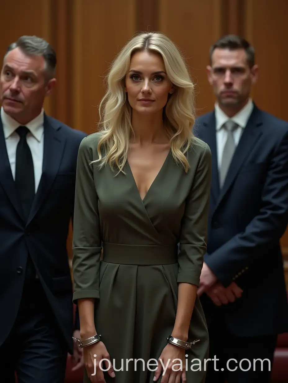 Woman-in-Courtroom-Escorted-by-Police-Officers-Handcuffed-in-Formal-Attire