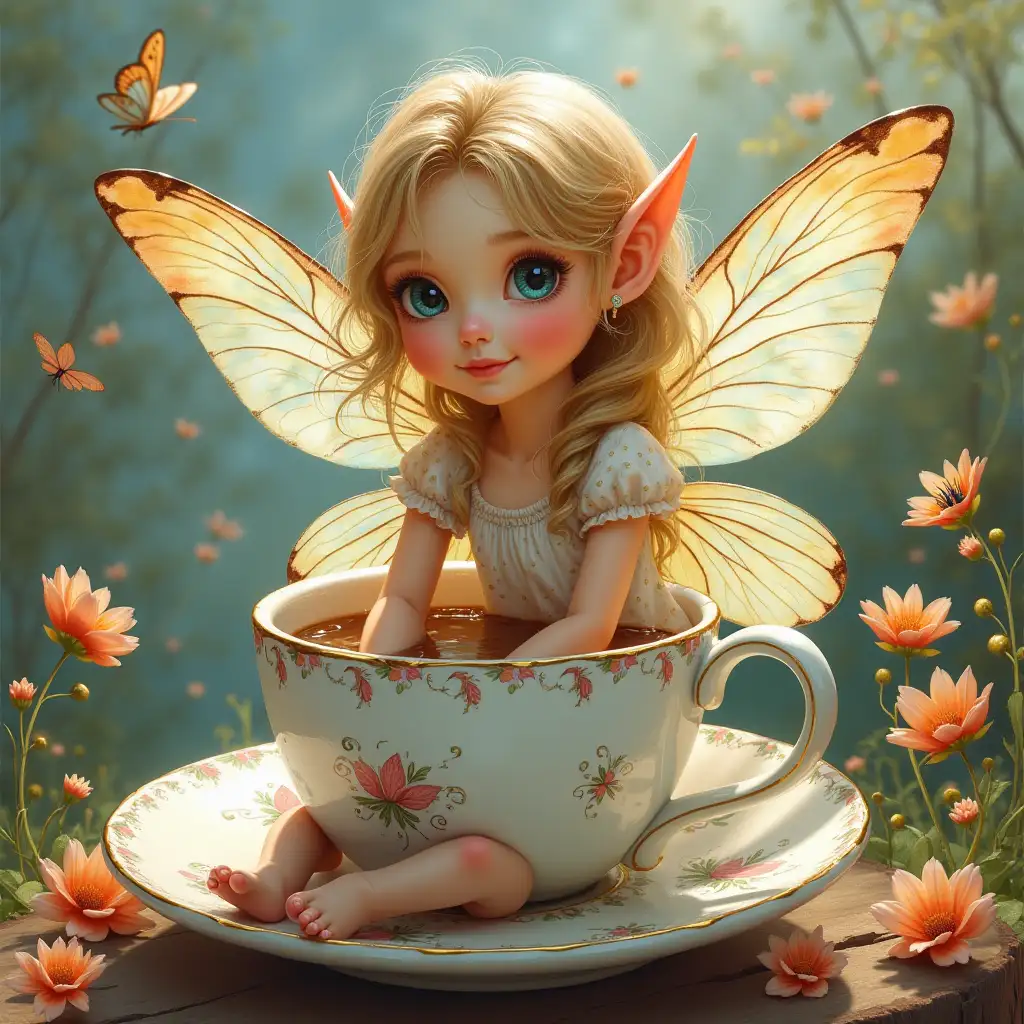 A beautiful little elf with dragonfly wings invites you for a cup of coffee. He has a gentle smile on his lips. She sits on the rim of a charming porcelain cup, surrounded by natural colors. This painting, probably a painting, depicts the elf in exquisite detail, with intricate features and delicate wings in a pretty outfit. The colors are vivid and the brushstrokes show great precision. The overall image quality is exceptional, capturing the charm of the elf woman and the epic scenery of butterflies and flowers surrounding her.