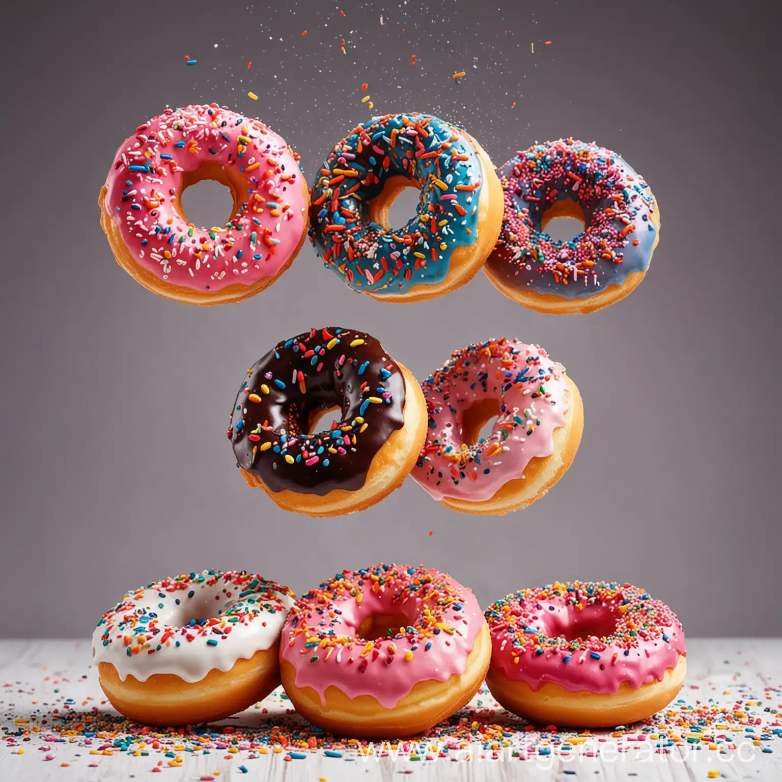 Colorful-Sprinkled-Donuts-Floating-in-Studio-Photo