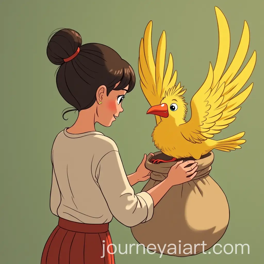 Woman-Grabbing-a-Golden-Feathered-Bird-and-Placing-it-in-a-Cloth-Bag
