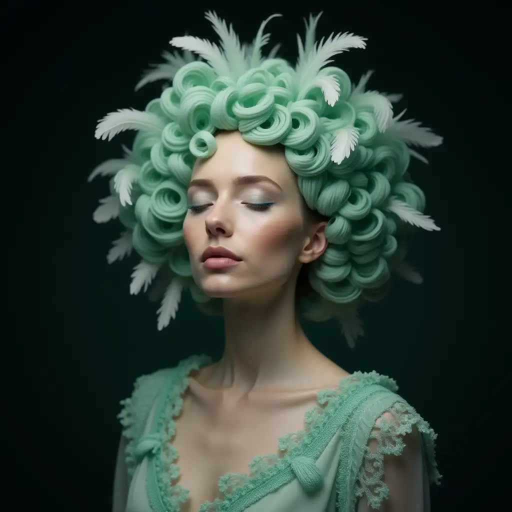 Ethereal Portrait | Woman with enchanting, elaborate hairstyle composed of mint curls and feathers | Dark background | Medium shot, straight angle | Fair skin tone; Elegant facial features; Peaceful expression | Harmonious mint outfit with intricately woven material | Soft, subtle lighting; Dreamy and surreal composition | Sony A7R IV with Sony FE 85mm f/1.4 GM lens | Sharp detail capture; Smooth background transition --ar 3:4 --style raw --stylize 75 --stop 90 --v 6.1