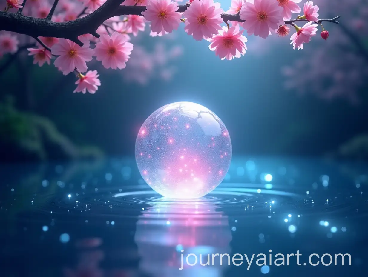 Glowing-Orb-with-Underwater-Cherry-Blossoms-and-Blue-Light-in-Peaceful-Scene