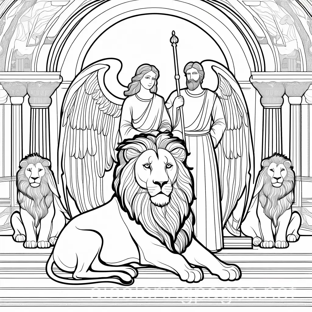 Daniel in the lion's den and protected by an angel, colouring page, ample white space, line art, white background, white and black, simplicity, Coloring Page, black and white, line art, white background, Simplicity, Ample White Space. The background of the coloring page is plain white to make it easy for young children to color within the lines. The outlines of all the subjects are easy to distinguish, making it simple for kids to color without too much difficulty