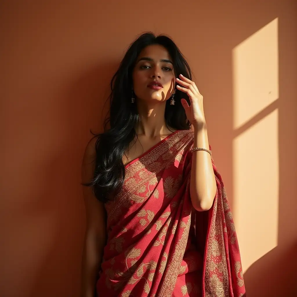 Indian-Woman-Posing-in-Quirky-Bagru-Print-Saree-with-Morning-Sun-Rays