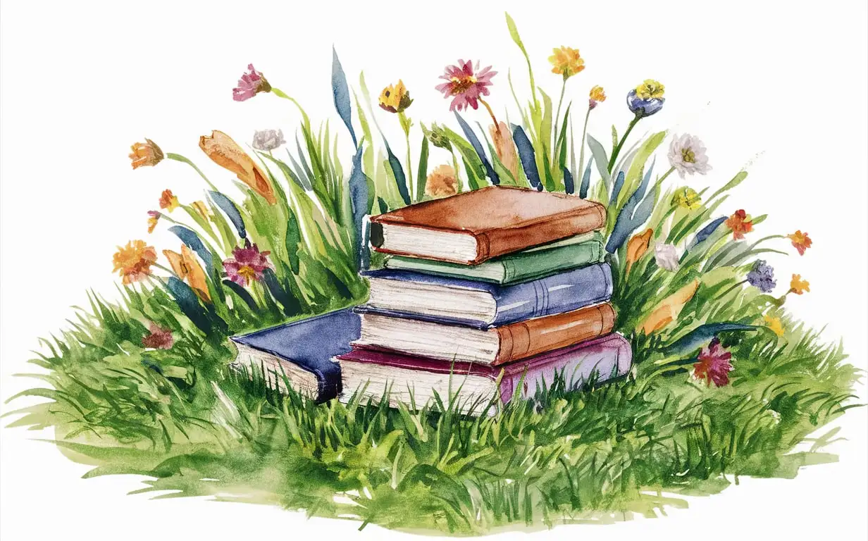 Watercolor Style Books Stack on Grass with Surrounding Flowers