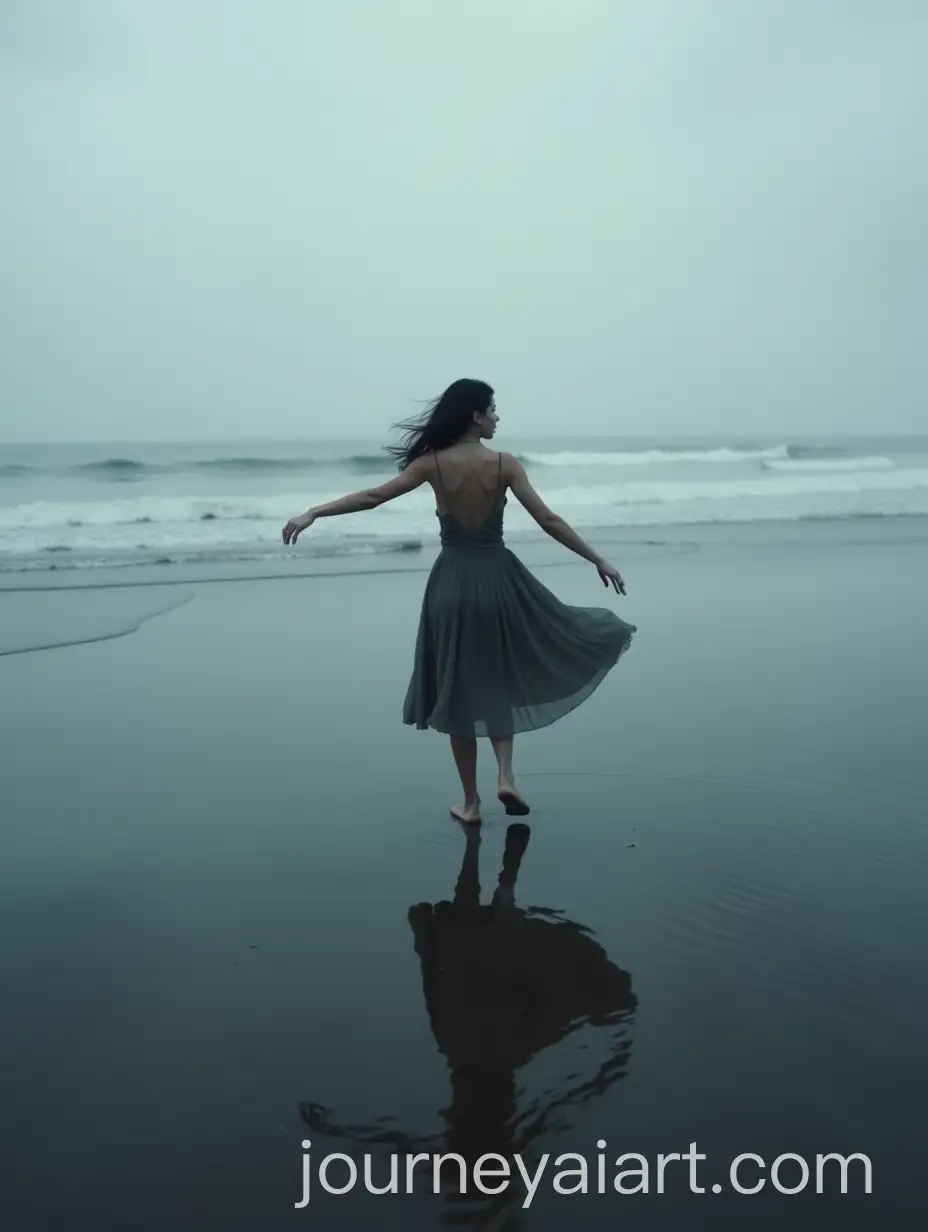 Cinematic-Mood-Girl-Dancing-in-White-Dress-on-Black-Sand-Beach