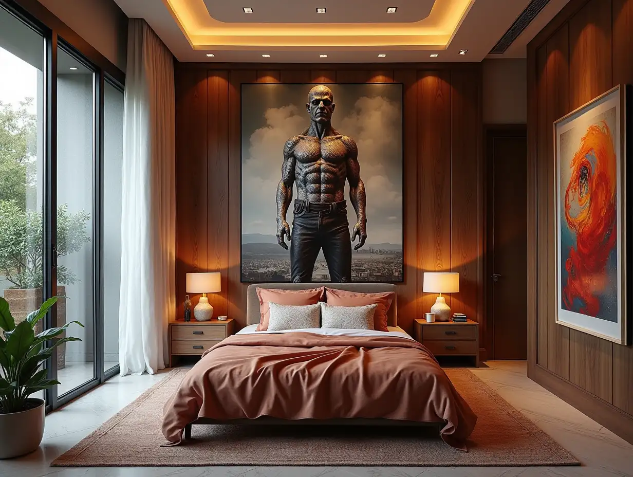 a very large modern bedroom with a statue of attack on titan, 180 degree panoramic shots 8K resolution, colorful