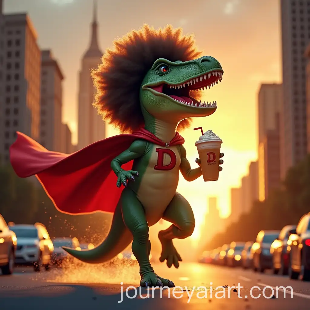 LaughingAI-Image-Prompt-Expansion-Dinosaur-with-Afro-and-Ice-Latte-Running-Through-New-York-City-at-Sunset