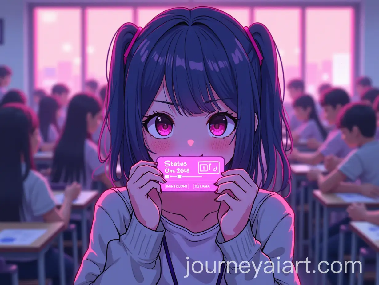 Anime-Girl-Hiding-Mouth-with-Floating-Status-Bar-in-Futuristic-Cyberpunk-Classroom