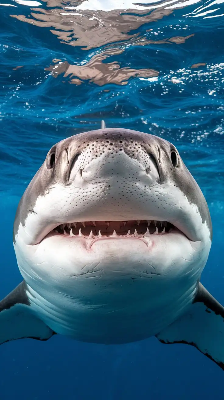 Powerful underwater photograph, Great white shark portrait, close-up of head, teeth visible, intense stare, blue water, surface light, dramatic and intimidating, apex predator, shark week photography, wildlife action shot --ar 1:1 --zoom 0.8 --v 5 --s 750