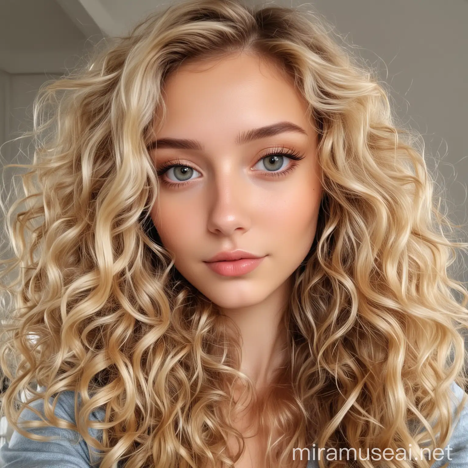 Blonde Girl with Wavy Hair Taking a Selfie for Social Media Profile