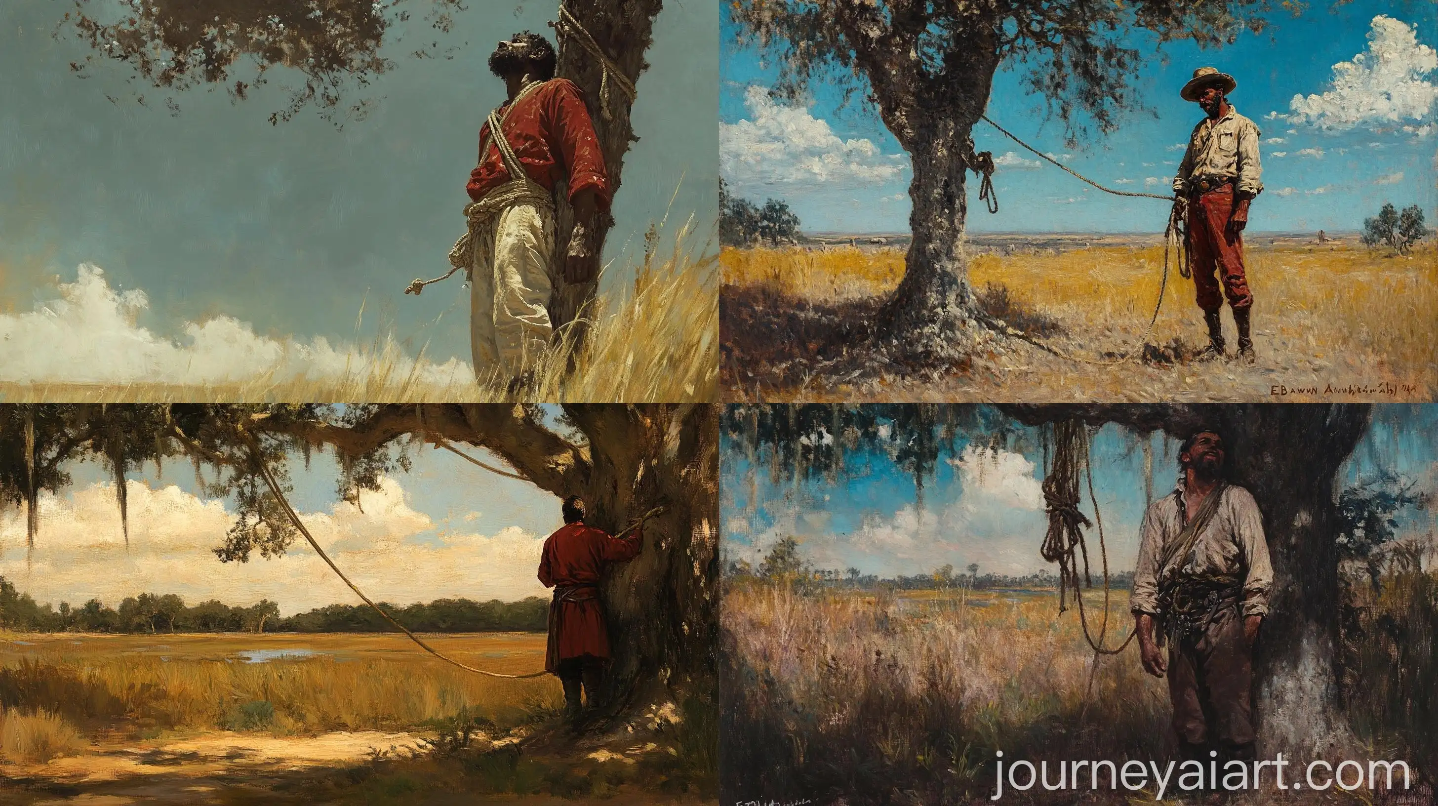 Spanish-Male-Trader-Tied-to-Tree-in-Savannah-Oil-Painting