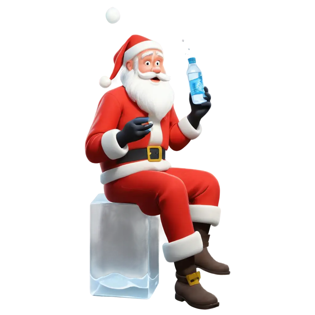 Santa-Claus-Sitting-on-an-Ice-Cube-Holding-a-Bottle-of-Water-PNG-Image-Creation-Inspired-by-DreamWorks