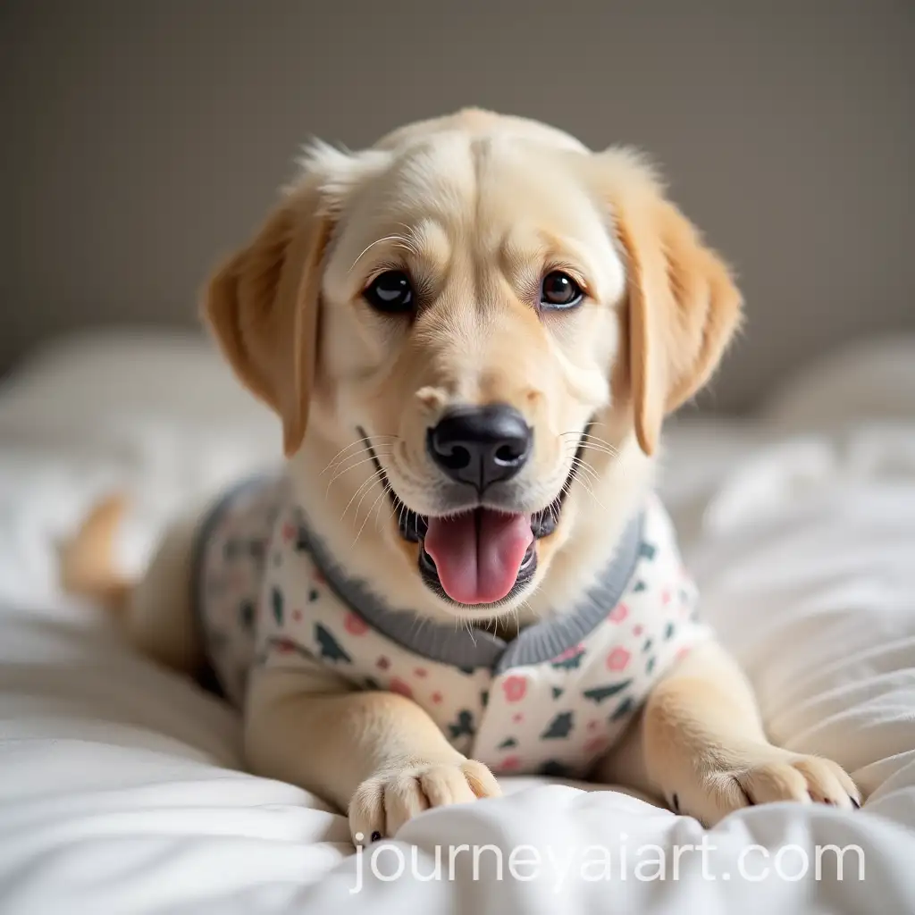 Happy-Labrador-Puppy-in-Pajamas-Smiling-on-Bed