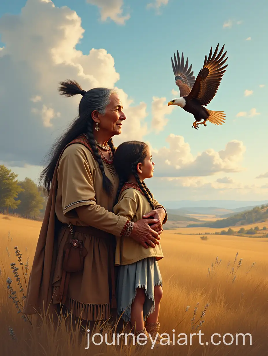 Elderly-American-Indian-Woman-Embracing-Young-Girl-in-Native-Landscape-with-Eagle-Soaring