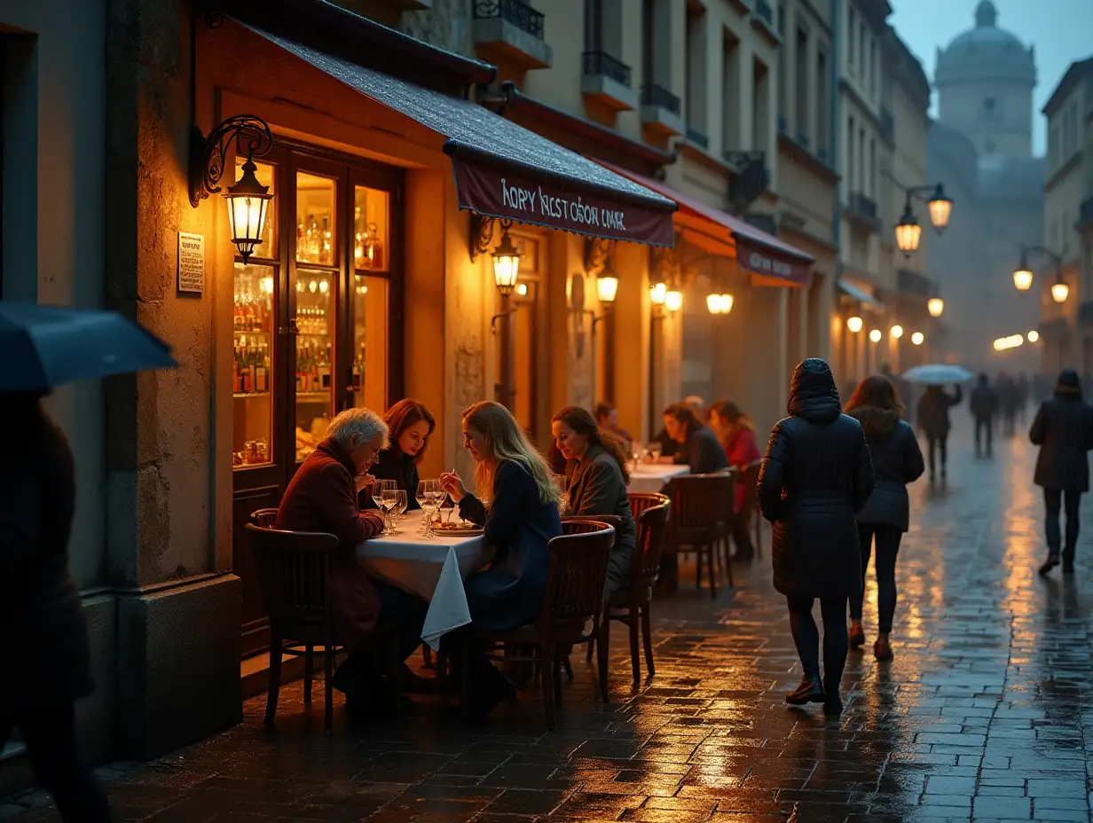 A street corner with women drinking wine at an open terrace shop in the rain