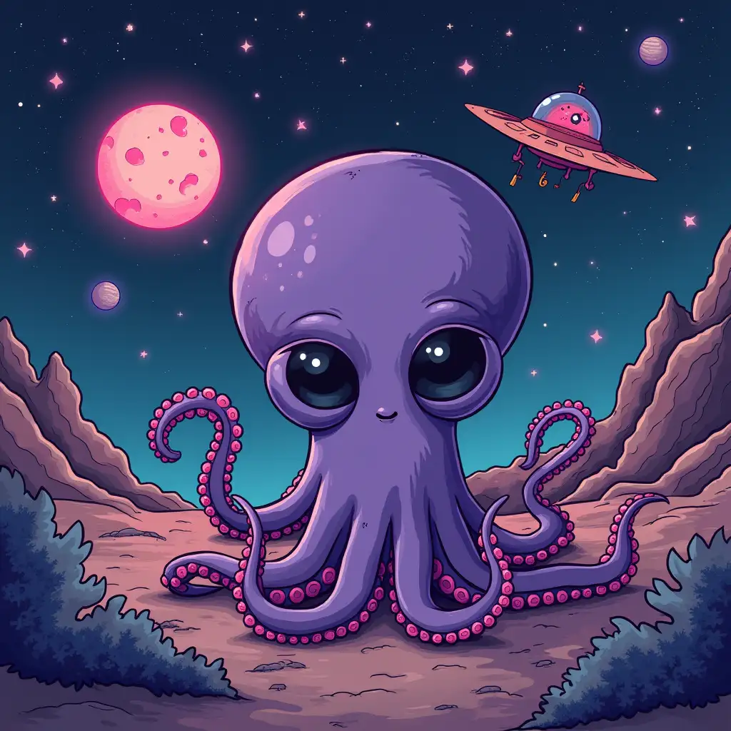 ufo, cute alien-man, cartoon drawing, broken heart, forbidden love, octopus purple, man, the fish eye effect, a lot of details on the background (stars, planets, and so on)